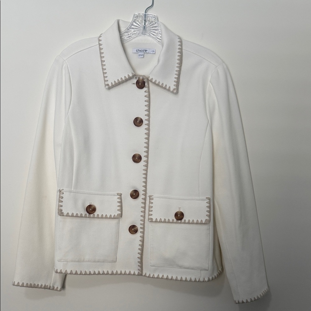 Chicos fully-lined cream jacket with embroidery, size 8